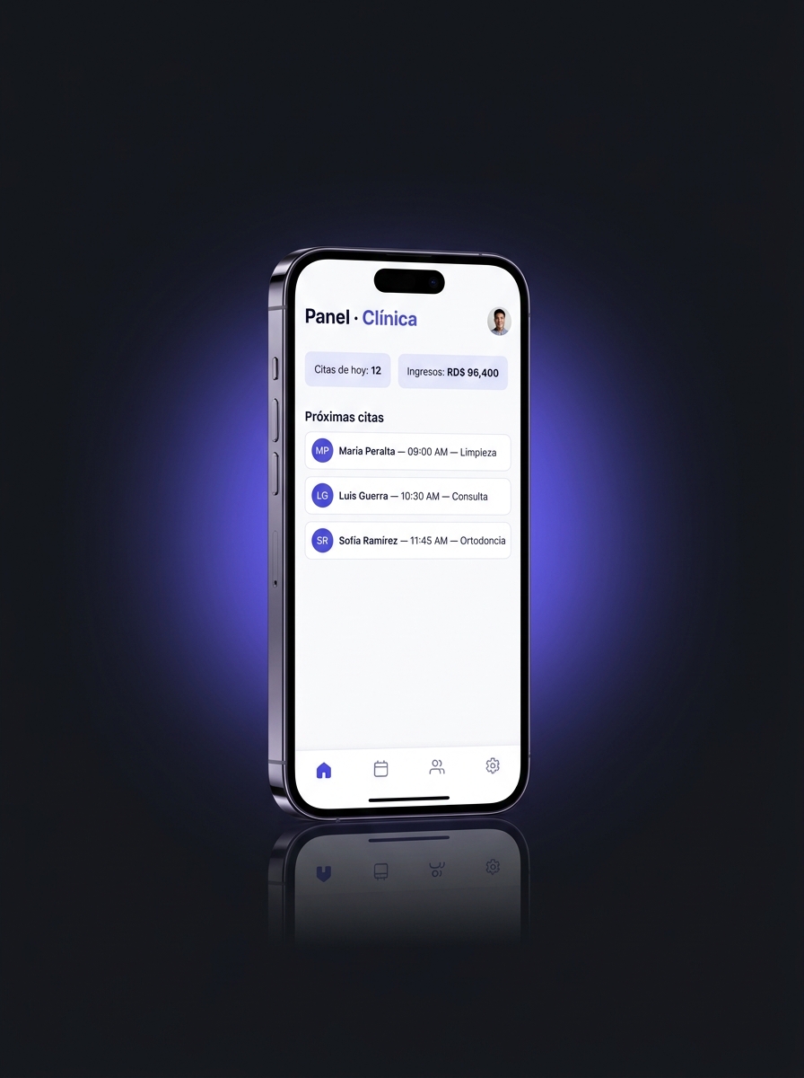 App móvil del panel de clínica creado por Valyon mostrando las citas del día