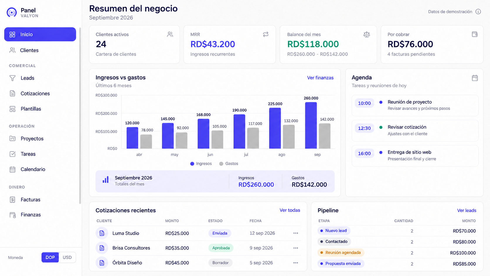 Resumen del negocio en el Panel Valyon con clientes activos, ingresos recurrentes, balance del mes y gráfico de ingresos frente a gastos.